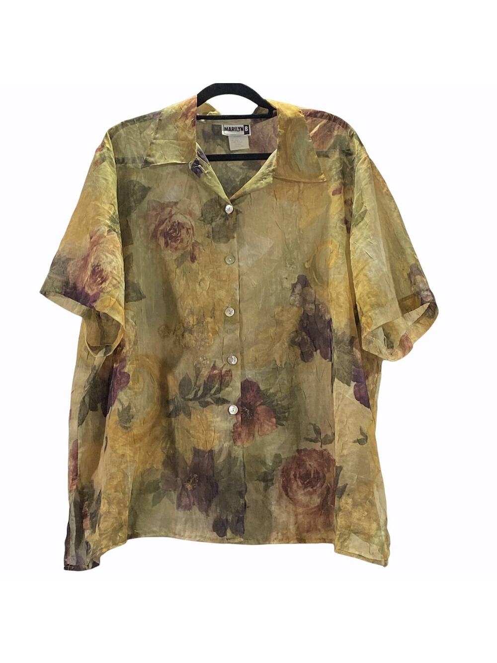 Marilyn B Sheer Short Sleeve Crinkle Tunic Top Blouse Muted Floral Size 3X